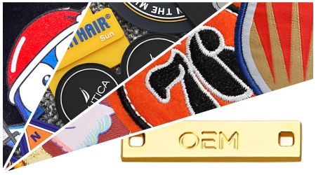 Various branding options for custom tactical bags, including embroidery patches, rubber labels, metal name plates, and printed tags for OEM customization